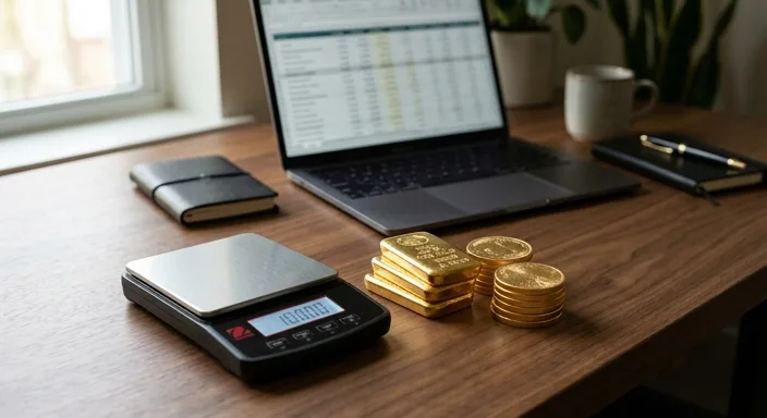 A professional workspace featuring gold bars, gold coins, a digital scale, and a spreadsheet on a laptop, symbolizing bulk asset inventory.