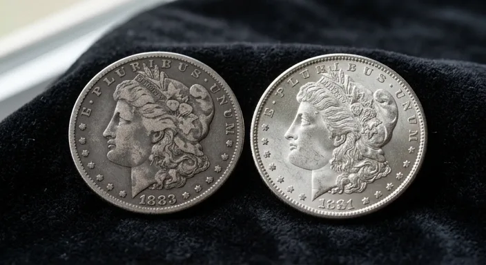 Side-by-side comparison of a worn silver coin and a mint-condition uncirculated silver coin showing luster differences.