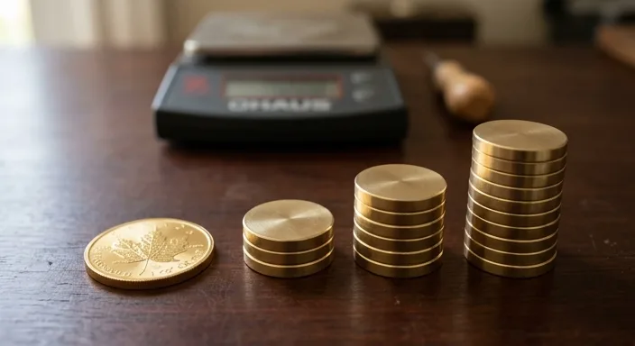 A gold bullion coin displayed next to three tiered stacks of gold discs on a wooden surface.