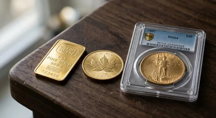 A collection of gold investment types: a 1oz bar, a modern bullion coin, and a certified rare coin in a plastic holder.
