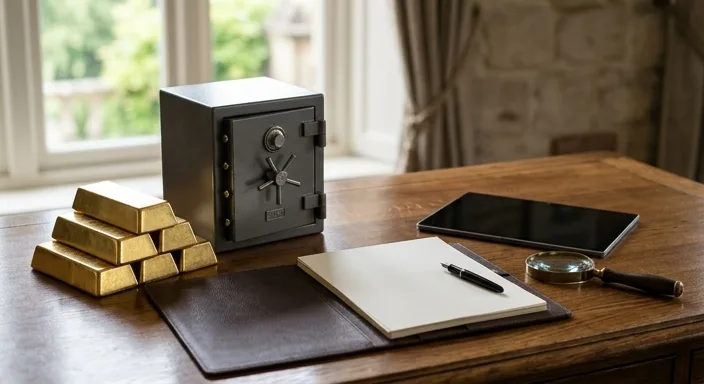 A 45-degree DSLR photo of unmarked gold bars beside a miniature steel vault on an oak desk, with a leather portfolio and blank documents under soft natural light, symbolizing the flow of gold into a tax-advantaged secure retirement vault with a professional shallow depth of field effect.