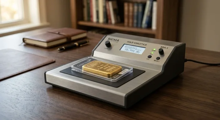 A high-end metal verification device testing a 10-ounce gold bullion bar in its protective assay packaging on a professional desktop with soft lighting.