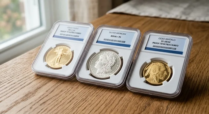 Close-up of professionally graded gold and silver numismatic coins in protective plastic slabs showing metallic luster.