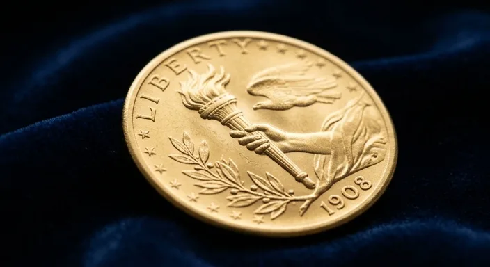 Macro photograph of a gold Saint-Gaudens Double Eagle coin detail showcasing the torch and olive branch with mint luster.