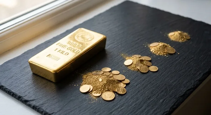 A professional 45-degree shot of a gold bar and proportional gold piles representing price components on a dark slate surface.